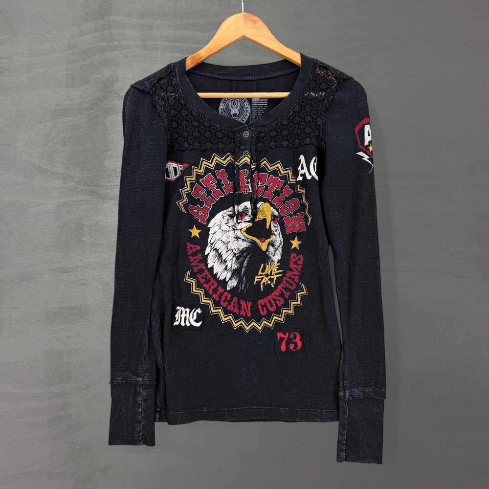 Affliction Y2K Henley Top Black American Customs Eagle Lace Waffle Knit Large
